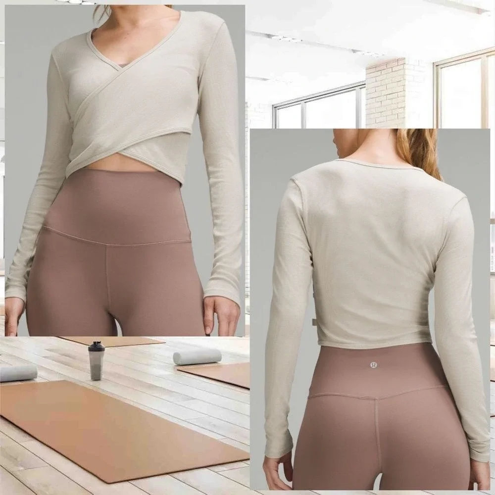 Lululemon Wrap-Front Ribbed Long Sleeve Top Mojave Tan‎ NWT WOMENS SIZE 12